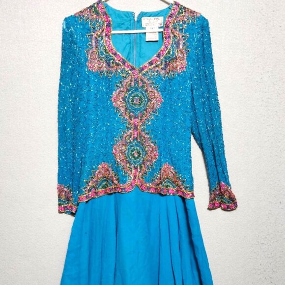 Adrianne Papell Turquoise Silk Pink & Gold Lavishly Beaded VTG 90s Evening Dress - Picture 7 of 12